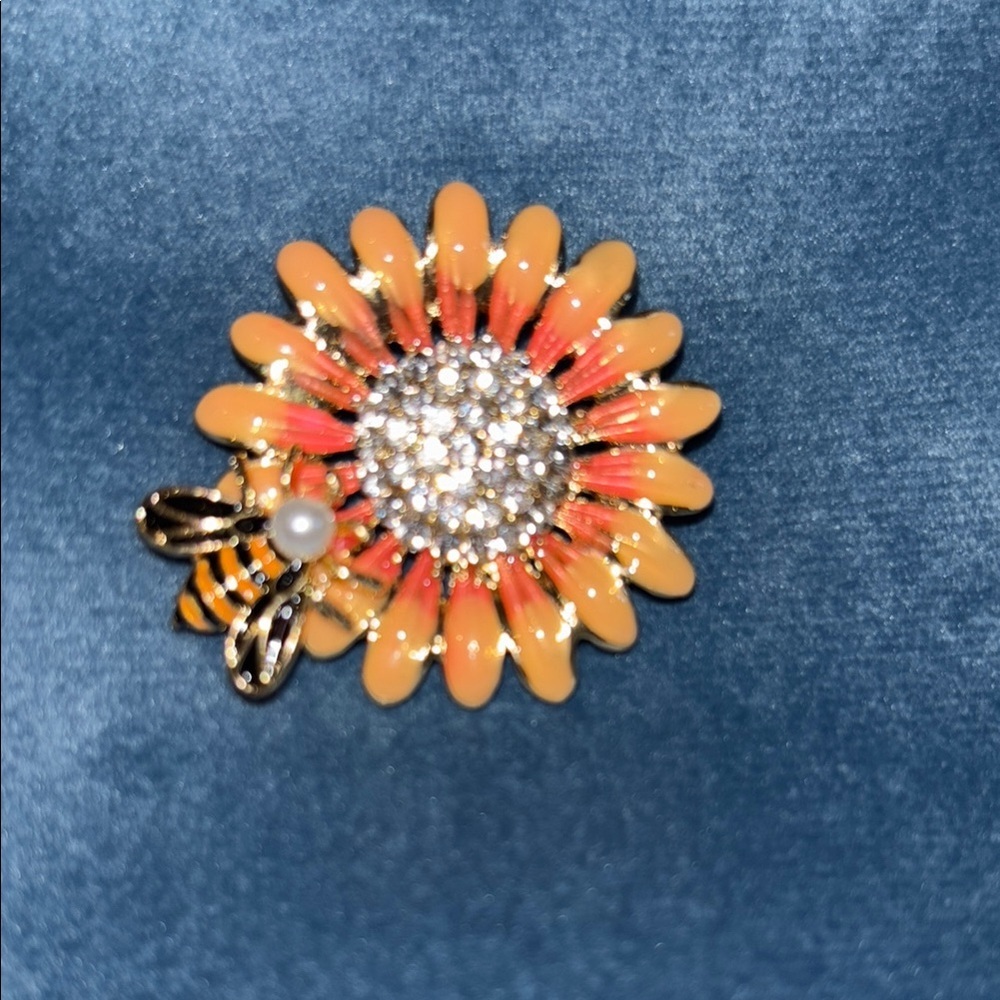 Source Unknown Orange and Yellow Brooch with Rhinestones - Picture 2 of 5